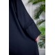 عباية نسائية أنيقة لون أسود ياقة دائرية بأزرار مزينة بطيات طويلة مغلقة من الأمام مع طرحة
