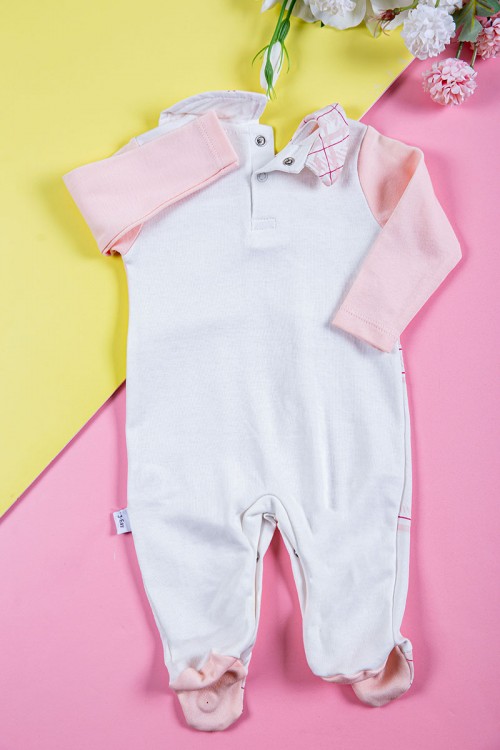 بربتوز بناتي أطفال لون وردي و أبيض مزين بفيونكة من الأمام ذو أكمام طويلة و أزرار من الخلف و الأسفل