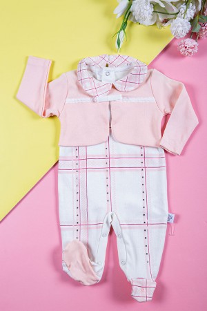 بربتوز بناتي أطفال لون وردي و أبيض مزين بفيونكة من الأمام ذو أكمام طويلة و أزرار من الخلف و الأسفل