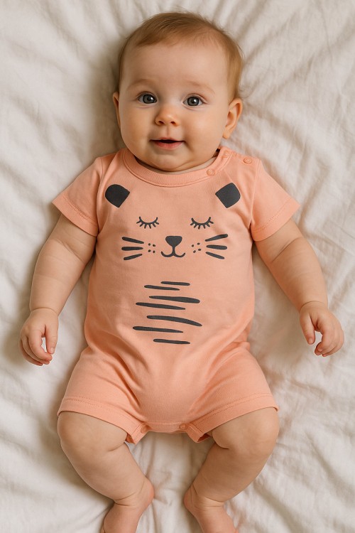 بربتوز بناتي أطفال لون وردي مزين برسومات من الأمام ذو أكمام قصيرة و أزرار من الكتف و الأسفل