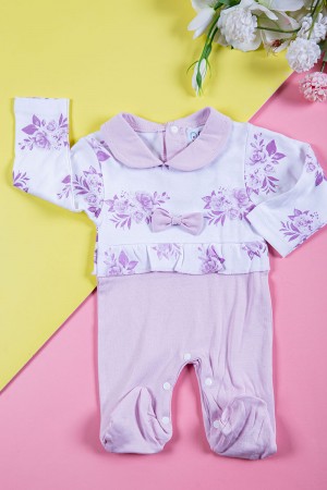 بربتوز بناتي أطفال لون موف و أبيض مزين بفيونكة من الأمام ذو أكمام طويلة و أزرار من الخلف و الأسفل