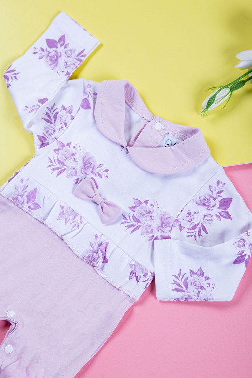 بربتوز بناتي أطفال لون موف و أبيض مزين بفيونكة من الأمام ذو أكمام طويلة و أزرار من الخلف و الأسفل