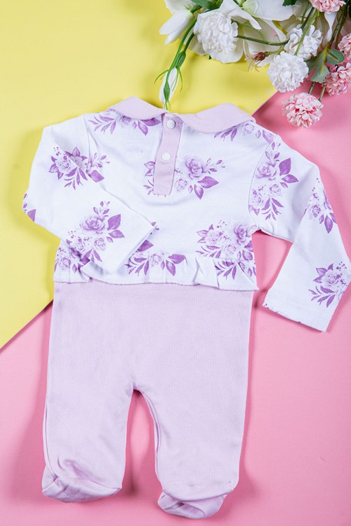 بربتوز بناتي أطفال لون موف و أبيض مزين بفيونكة من الأمام ذو أكمام طويلة و أزرار من الخلف و الأسفل