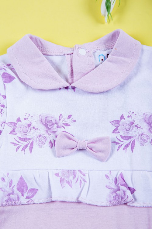 بربتوز بناتي أطفال لون موف و أبيض مزين بفيونكة من الأمام ذو أكمام طويلة و أزرار من الخلف و الأسفل