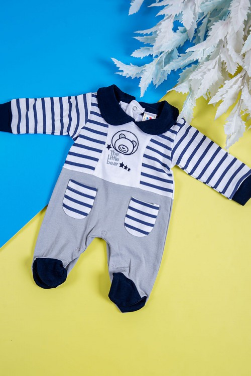 بربتوز ولادي أطفال لون أبيض مخطط و رمادي مزين برسومات من الأمام ذو أكمام طويلة و أزرار من الخلف و الأسفل