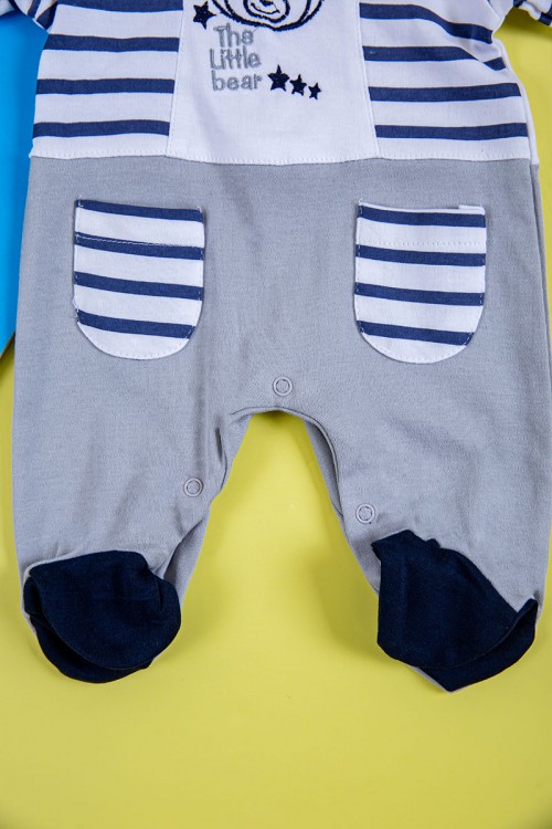 بربتوز ولادي أطفال لون أبيض مخطط و رمادي مزين برسومات من الأمام ذو أكمام طويلة و أزرار من الخلف و الأسفل