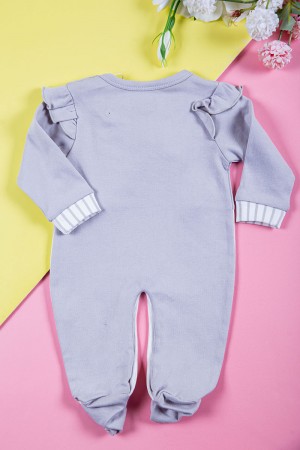 بربتوز بناتي أطفال لون رمادي و أبيض مخطط مزين بفيونكة ورسومات من الأمام ذو أكمام طويلة و أزرار من الكتف و الأسفل