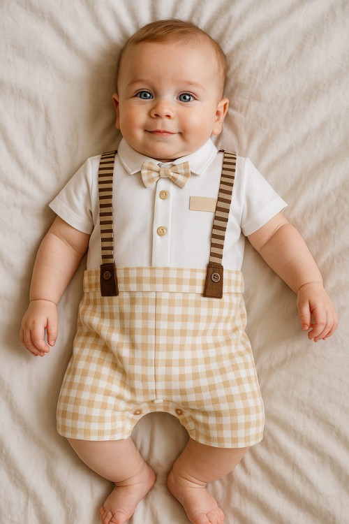 بربتوز ولادي أطفال لون أبيض و بيج مربعات مزين بحمالات و فيونكة من الأمام ذو أكمام قصيرة و أزرار من الأمام و الأسفل