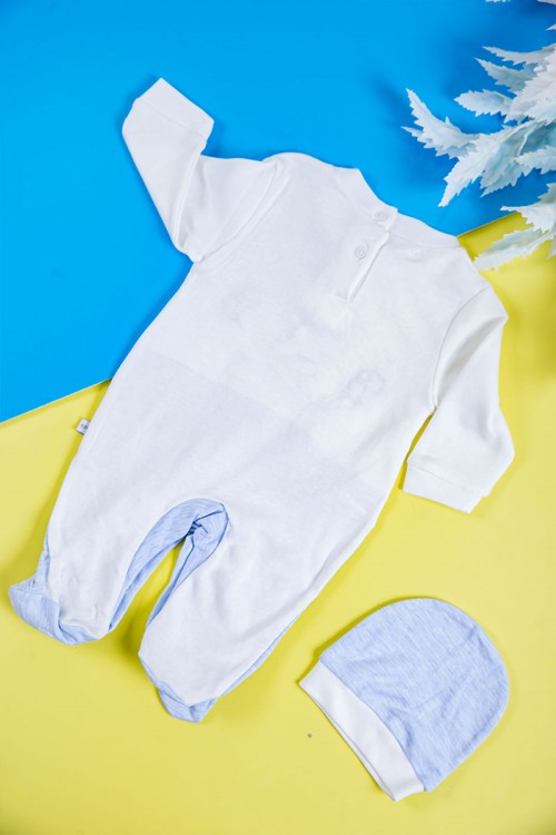 بربتوز أطفال لون أزرق مزين من الأمام ذو أكمام طويلة و أزرار من الخلف و الأسفل مع قبعة