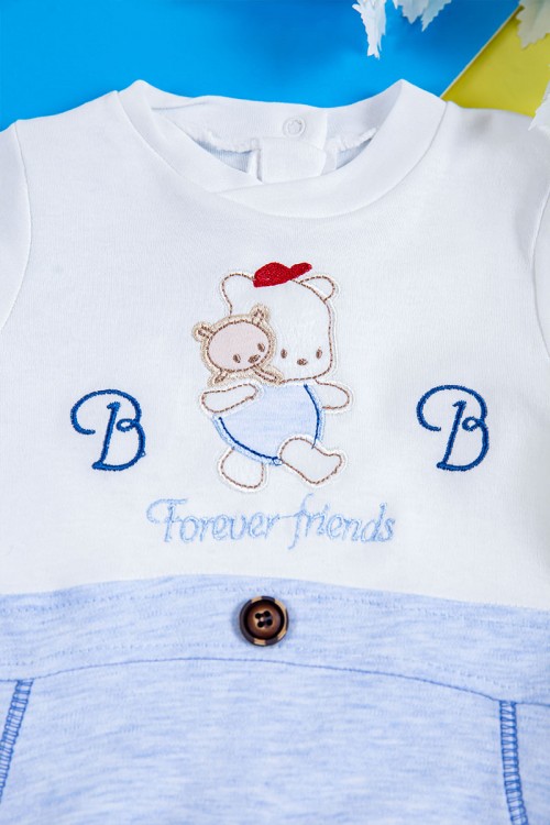 بربتوز أطفال لون أزرق مزين من الأمام ذو أكمام طويلة و أزرار من الخلف و الأسفل مع قبعة