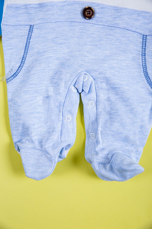 بربتوز أطفال لون أزرق مزين من الأمام ذو أكمام طويلة و أزرار من الخلف و الأسفل مع قبعة