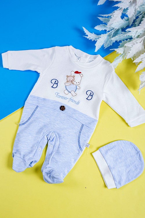 بربتوز أطفال لون أزرق مزين من الأمام ذو أكمام طويلة و أزرار من الخلف و الأسفل مع قبعة