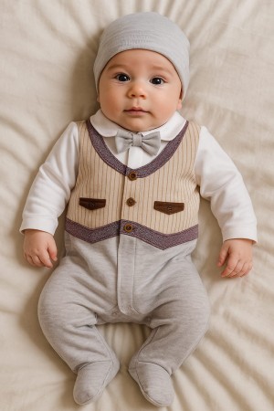 بربتوز أطفال لون بيج  مزين من الأمام ذو أكمام طويلة و أزرار من الخلف و الأسفل مع قبعة 