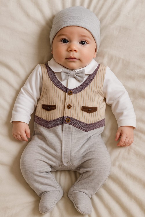 بربتوز أطفال لون بيج  مزين من الأمام ذو أكمام طويلة و أزرار من الخلف و الأسفل مع قبعة