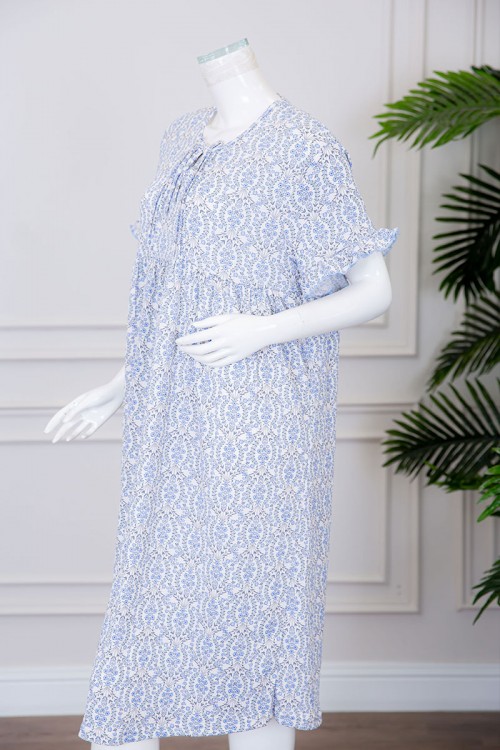 قميص نسائي ميدي مشجر بياقة دائرية برباط ذو أكمام قصيرة