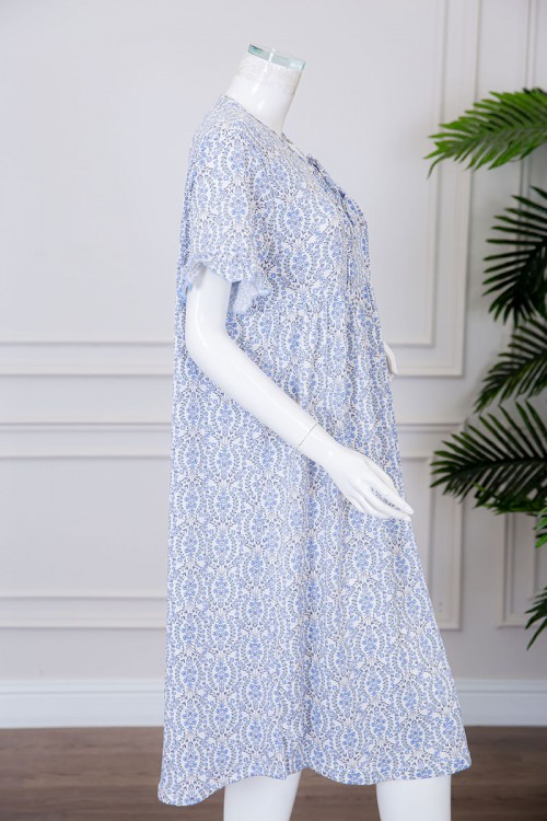 قميص نسائي ميدي مشجر بياقة دائرية برباط ذو أكمام قصيرة