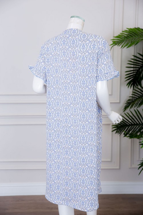 قميص نسائي ميدي مشجر بياقة دائرية برباط ذو أكمام قصيرة