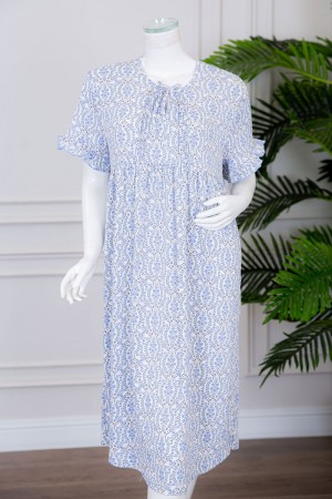 قميص نسائي ميدي مشجر بياقة دائرية برباط ذو أكمام قصيرة