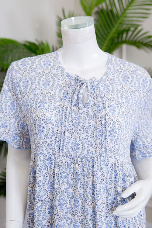 قميص نسائي ميدي مشجر بياقة دائرية برباط ذو أكمام قصيرة