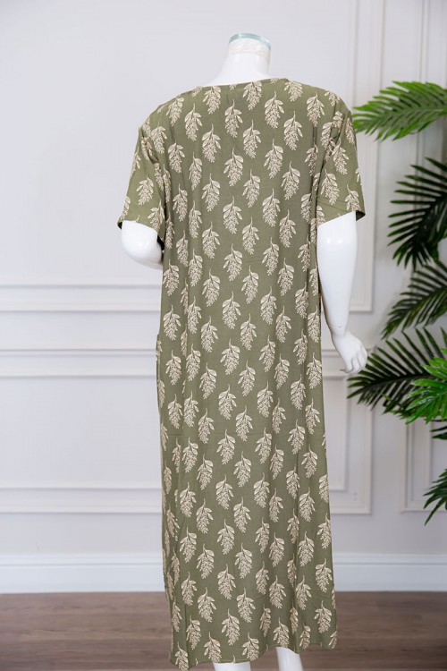 قميص نسائي ميدي عشبي مشجر ياقة قصة سبعة ذو أكمام قصيرة و بجيوب من الأمام