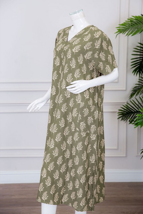 قميص نسائي ميدي عشبي مشجر ياقة قصة سبعة ذو أكمام قصيرة و بجيوب من الأمام