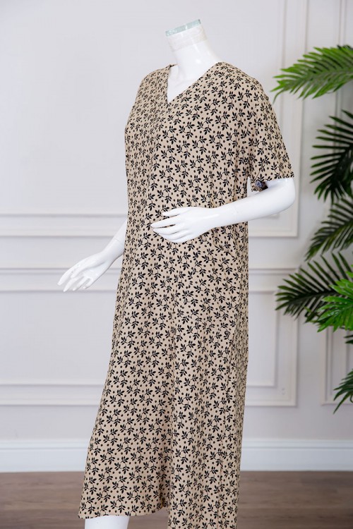 قميص نسائي ميدي لون بيج مشجر ياقة قصة سبعة ذو أكمام قصيرة