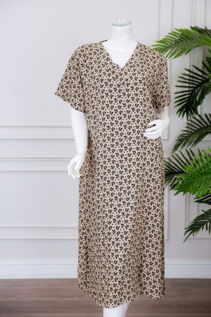 قميص نسائي ميدي لون بيج مشجر ياقة قصة سبعة ذو أكمام قصيرة 