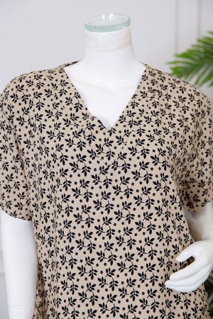 قميص نسائي ميدي لون بيج مشجر ياقة قصة سبعة ذو أكمام قصيرة 