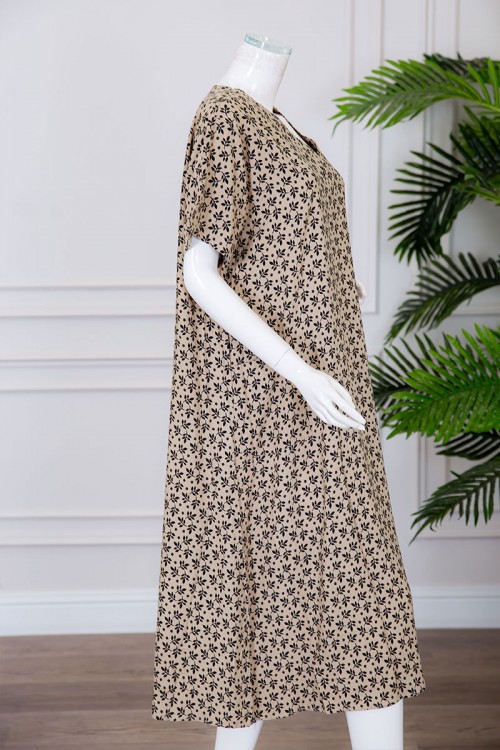 قميص نسائي ميدي لون بيج مشجر ياقة قصة سبعة ذو أكمام قصيرة