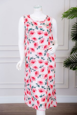 قميص نسائي قصير لون بيج مزين بالورود ياقة دائرية بدون أكمام