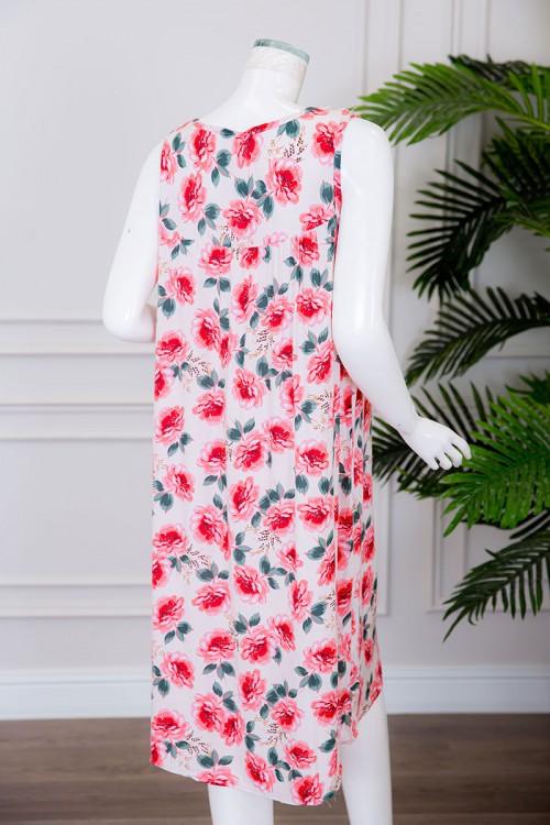 قميص نسائي قصير لون بيج مزين بالورود ياقة دائرية بدون أكمام