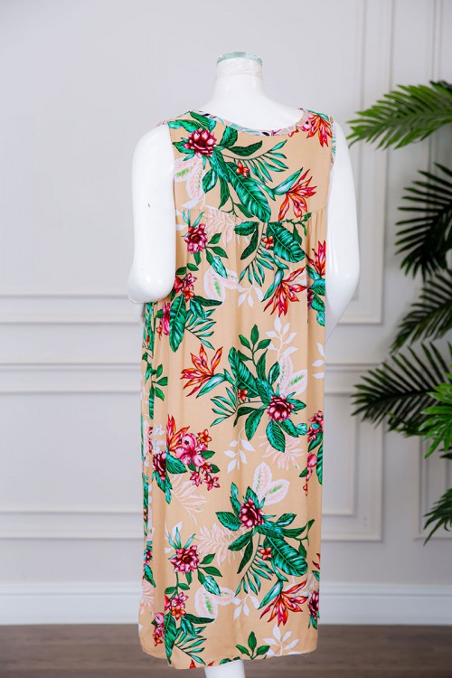 قميص نسائي قصير لون بيج مزين بالورود ياقة دائرية بدون أكمام