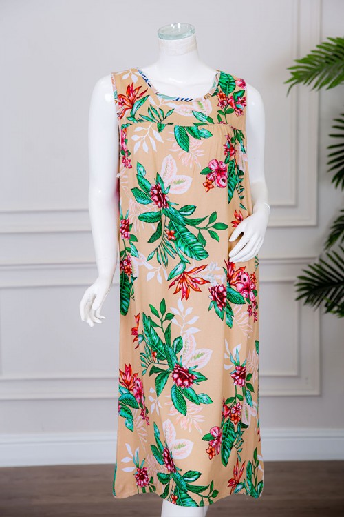 قميص نسائي قصير لون بيج مزين بالورود ياقة دائرية بدون أكمام