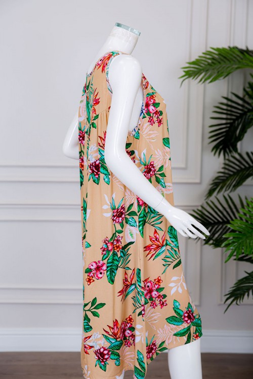 قميص نسائي قصير لون بيج مزين بالورود ياقة دائرية بدون أكمام