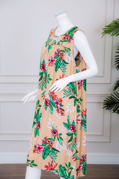 قميص نسائي قصير لون بيج مزين بالورود ياقة دائرية بدون أكمام