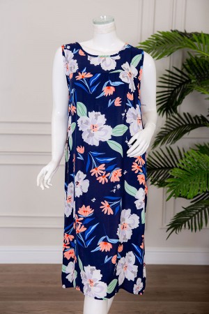 قميص نسائي قصير لون كحلي مزين بالورود ياقة دائرية بدون أكمام