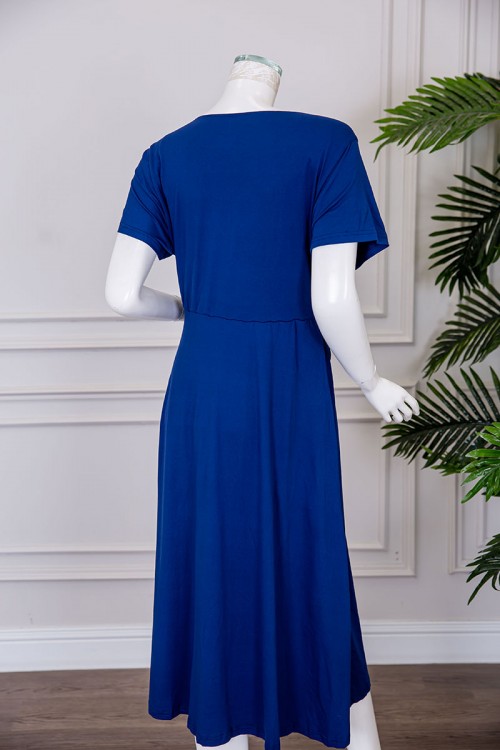 فستان نسائي قصير لون أزرق ياقة قصة سبعة بأكمام قصيرة