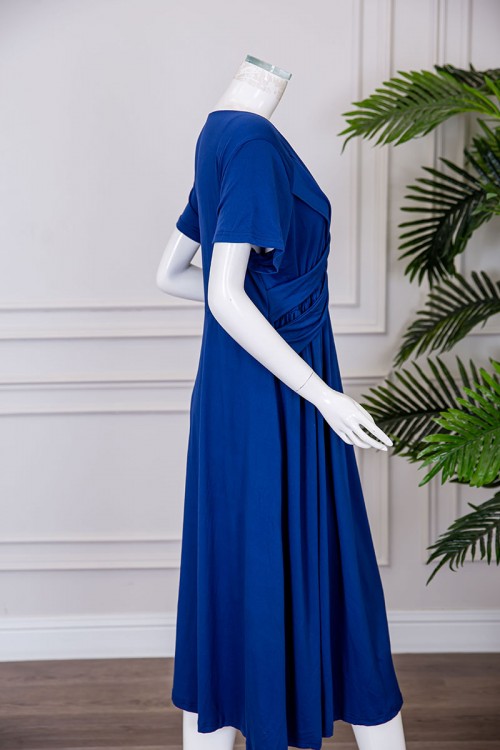 فستان نسائي قصير لون أزرق ياقة قصة سبعة بأكمام قصيرة