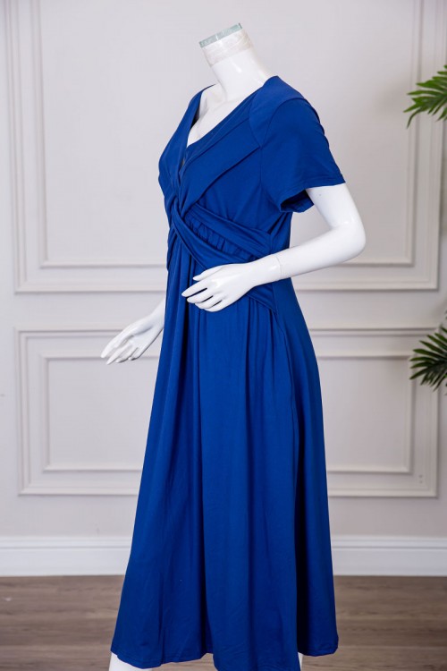 فستان نسائي قصير لون أزرق ياقة قصة سبعة بأكمام قصيرة