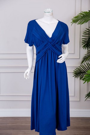 فستان نسائي قصير لون أزرق ياقة قصة سبعة بأكمام قصيرة 