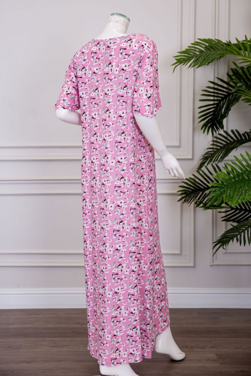 قميص نسائي لون وردي مشجر بياقة قصة سبعة ذو أكمام قصيرة