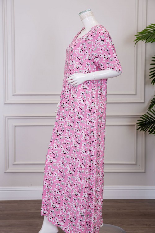 قميص نسائي لون وردي مشجر بياقة قصة سبعة ذو أكمام قصيرة