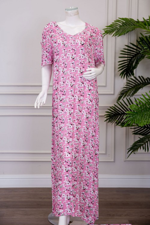 قميص نسائي لون وردي مشجر بياقة قصة سبعة ذو أكمام قصيرة