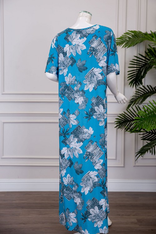 قميص نسائي طويل لون سماوي مشجر بياقة قصة سبعة برباط ذو أكمام قصيرة