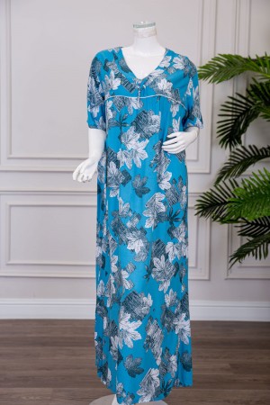 قميص نسائي طويل لون سماوي مشجر بياقة قصة سبعة برباط ذو أكمام قصيرة