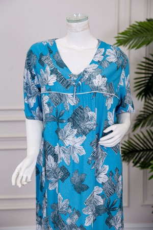 قميص نسائي طويل لون سماوي مشجر بياقة قصة سبعة برباط ذو أكمام قصيرة