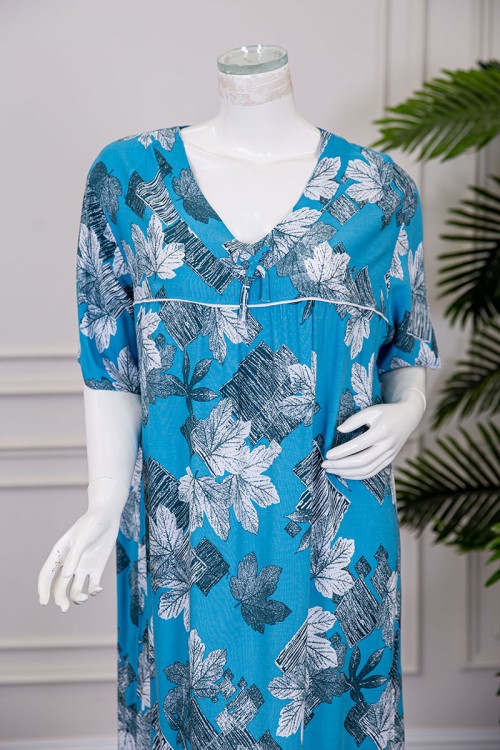 قميص نسائي طويل لون سماوي مشجر بياقة قصة سبعة برباط ذو أكمام قصيرة