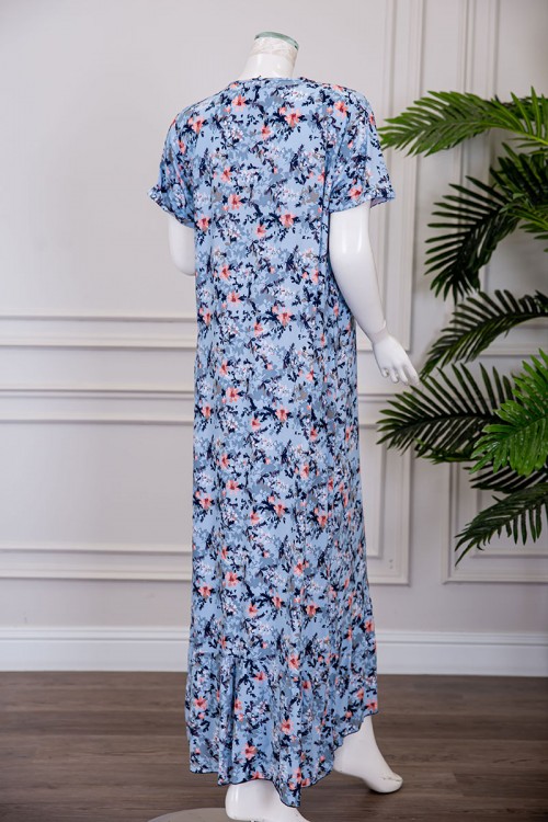 قميص نسائي طويل لون سماوي مشجر بياقة مطوية ذو أكمام قصيرة