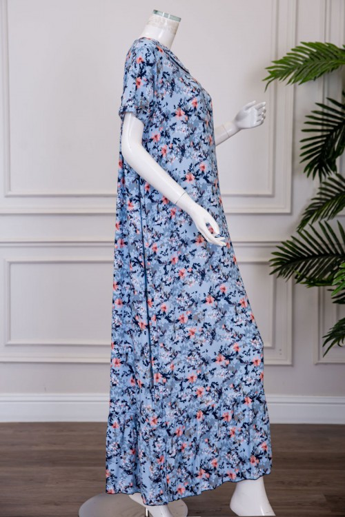 قميص نسائي طويل لون سماوي مشجر بياقة مطوية ذو أكمام قصيرة