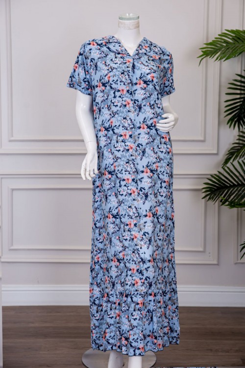 قميص نسائي طويل لون سماوي مشجر بياقة مطوية ذو أكمام قصيرة